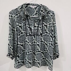 Brora Womens Floral Sheer Silk Top Size 10 Beaded Ruffle Pleated